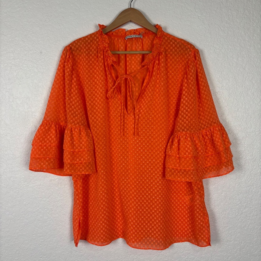 Alice + Olivia Orange Ruffle‎ Tie Neck Blouse Chiffon Tiered Sleeve Top XL/LG